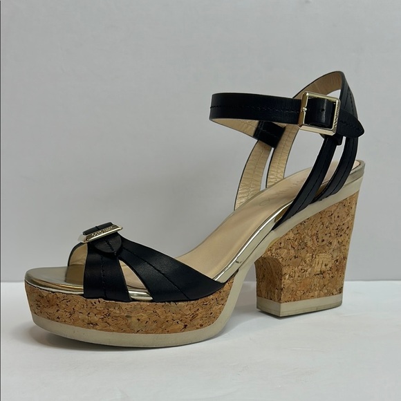 Jimmy Choo Gold, Black and Cream Platform Shoes with Cork Heel - Picture 1 of 12